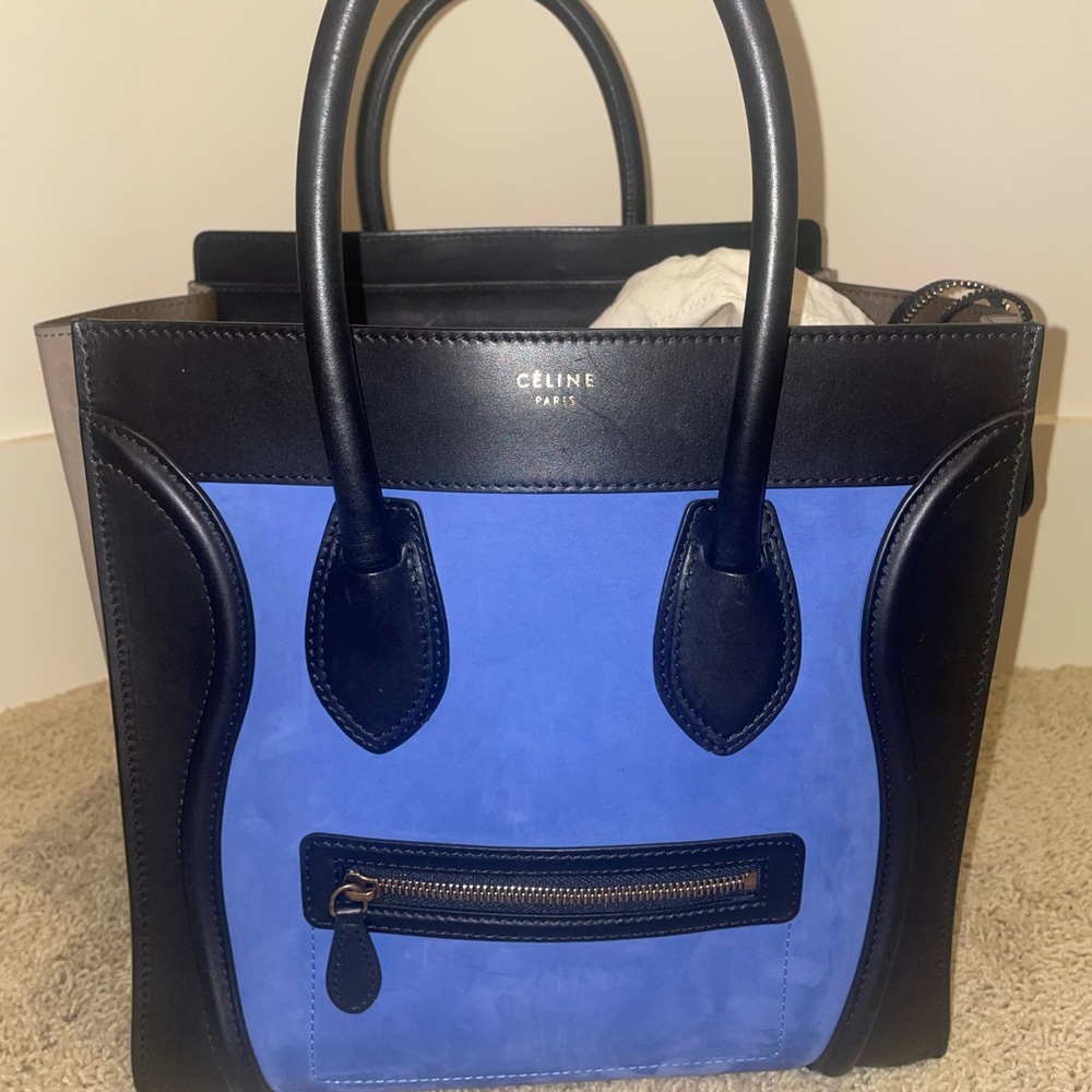 CELINE Royal Blue Tri-Color Nubuck and Calfskin Leather Mini Luggage Tote Bag